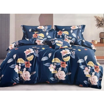 Pościel 200x220 bawełna satynowa granatowa kolorowe kwiaty PK195