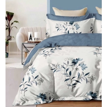 Pościel 200x220 bawełna satynowa biała niebieska kwiaty PK204
