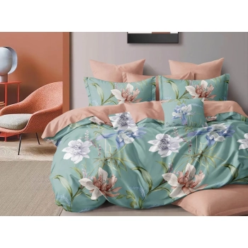 Pościel 200x220 Bawełna Satynowa Zielona Kwiaty PK368 z prześcieradłem