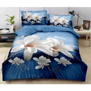 Pościel 200x220 bawełna satynowa niebieska z dużą magnolią PK399