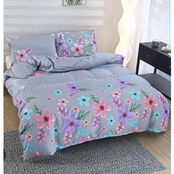 Pościel 200x220 z prześcieradłem szara w kwiaty PK474