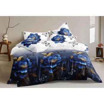 Pościel 160x200 Bawełna satynowa biało granatowe w kwiaty PK478