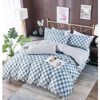 Pościel 160x200 bawełna satynowa kratka niebieska C76