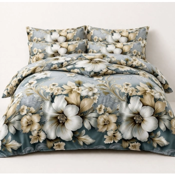 Pościel satynowa 140x200 białe kwiaty na szaro niebieskim tle – komplet premium PK 828 z PRZEŚCIERADŁEM