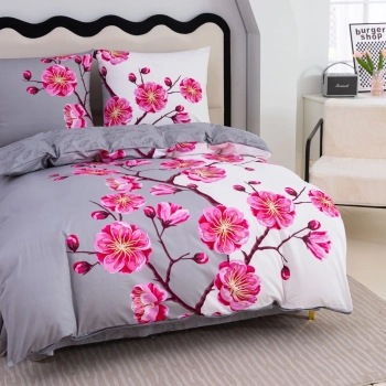Pościel bawełna 100% 160x200 biało szara w różowe kwiaty PB575
