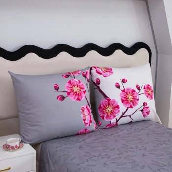 Pościel bawełna 100% 160x200 biało szara w różowe kwiaty PB575