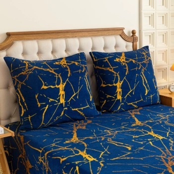 Pościel polarowa 200x220 zimowa marmurkowa niebiesko złota PP573